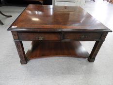 Walnut Occasional Table with Carved Legs, Undershelf, Drawers and Inlaid Detail