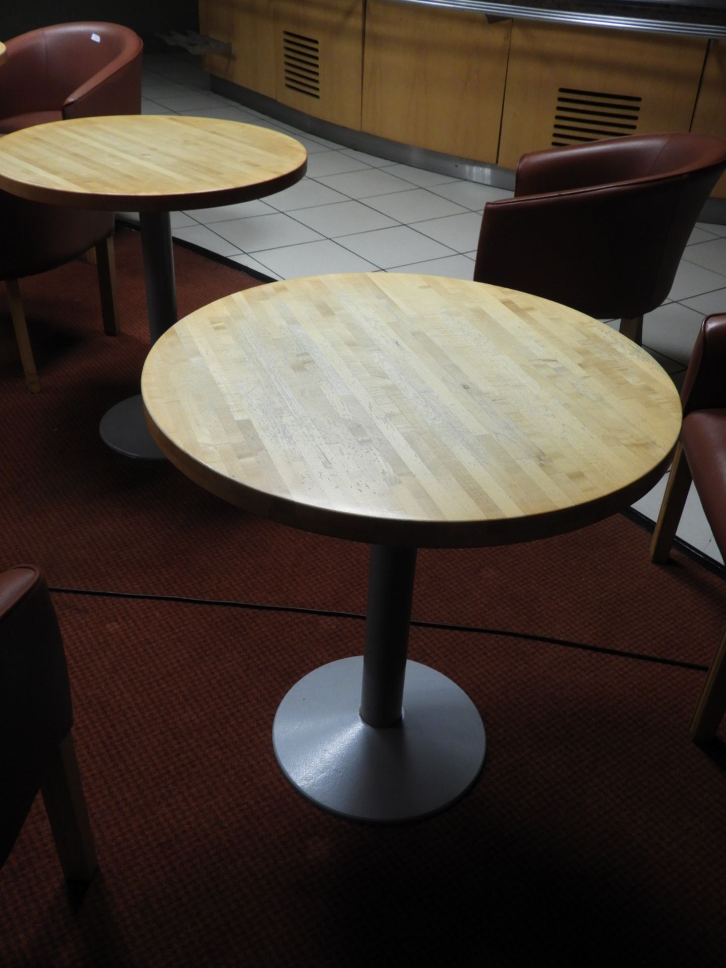 *10 Circular Pedestal Dining Tables with Butcher Block Style Tops