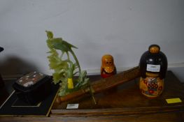 Eastern Items Including Jade Birds, Kokeshi Doll, Carved Knife Set, etc.