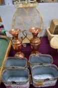Metalware; Basket, Wine Rack and Copper Urns