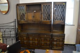 Retro Wall Unit with Linenfold Drawers and Leaded Glass Doors