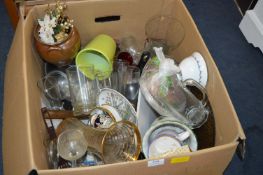 Large Box of Glassware, Pottery Items, etc.