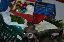 Basket of Christmas Decorations, Lights and a Chri