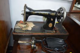 Manual Singer Sewing Machine with Attached Electric Motor and Accessories