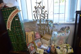 Christmas Decorations Including Brass "Merry Christmas" Sign plus Tree, Baubles, etc.