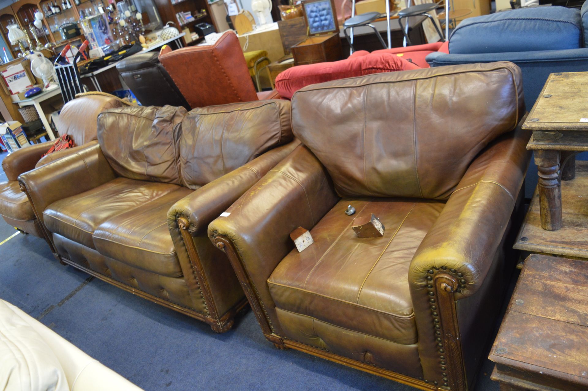 Large Two Seat Distressed Leather Sofa and Matching Armchair