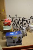 Metal Newspaper Rack, Light Bulbs, Telephone, etc.