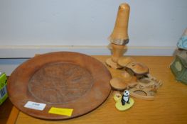 Treen Items Including Carved Hunting Plate, Mushrooms, etc.