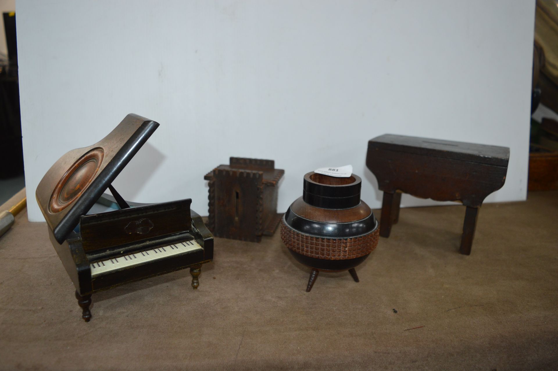 Four Treen Items Including Grand Piano Music Box