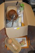 Large Box of Household Goods; Baskets, Tiled Tray,