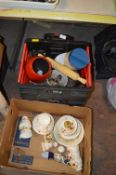 Wheeled basket and Various Kitchen Items, Cups & S