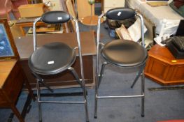 Two Folding Leather Topped Barstools