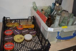 Collection Tobacco Tins and Box of Old Bottles