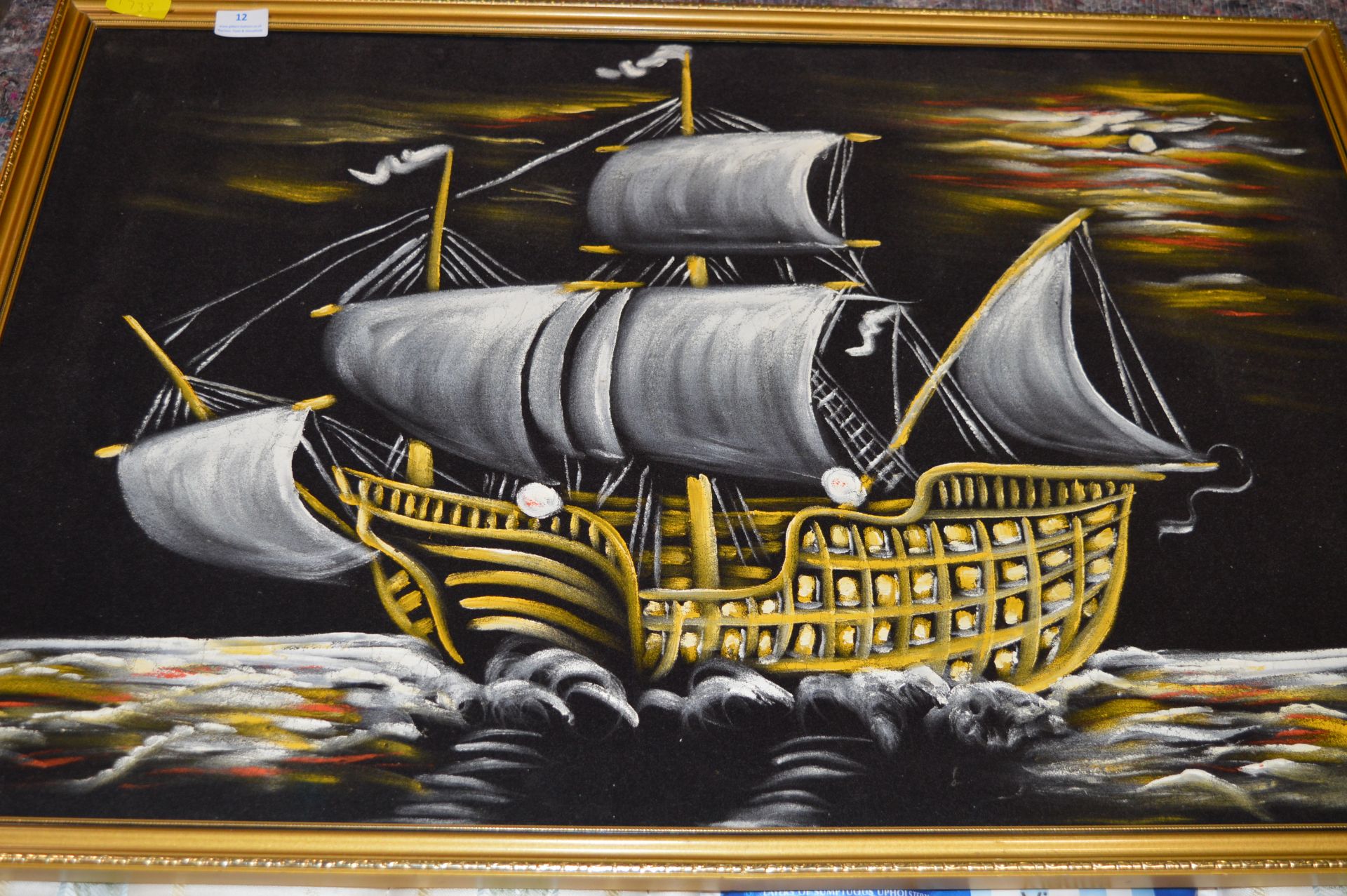 Oil Painting on Felt of a Galleon