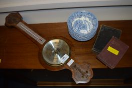 Barometer, Blue & White Staffordshire Dishes and Two Bibles