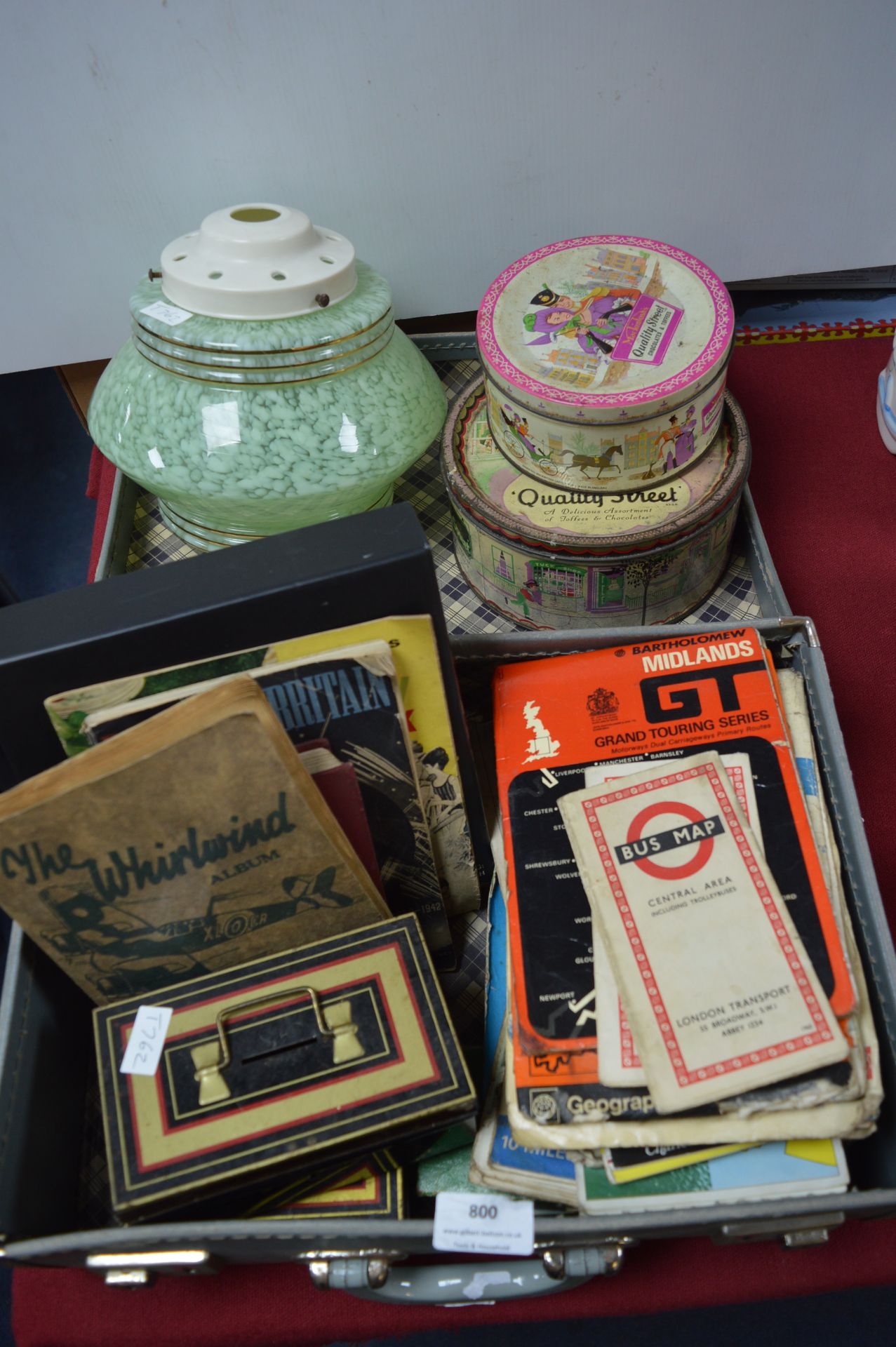 Small Vintage Case and Contents, Glass Lamp Shade, Old Tins, George Best Fragrance Set, etc.