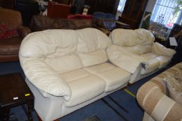 Pair of Large Two Seat Cream Leather Sofas