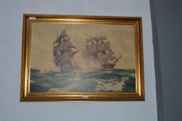 Gilt Framed Print of a Sea Battle by Montague Dawson