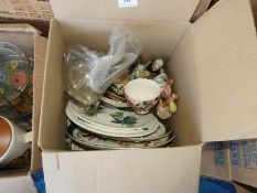 *Mixed Box of Pottery Including Continental Figurines, Cups, Saucers, Decorative Plates, etc.
