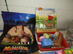 *Box Containing Assorted Toys Including Dominoes, etc. and Madagascar Posters