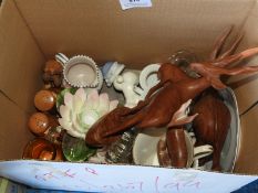 *Box Containing Assorted Decorative Ornaments, Carved Figures, Poole Pottery, etc.