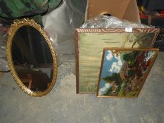 *Assorted Pictures, Embroideries and a Gilt Framed Oval Mirror