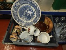 *Box of Blue & White Plates, Vases, Steins, etc.