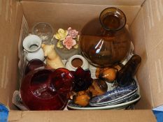 *Box Containing Assorted Decorative Glassware, Blue & White Plates, Pottery, etc.