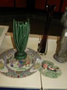 *Oriental Plate, Glass Specimen Vase, and a Sylvac Vase