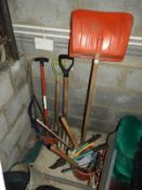 *Collection of Gardening Tools; Forks, Lawn Edging Spade, Snow Shovel, Bow Saw, Pruners, etc.