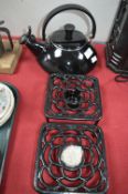 Le Creuset Black Enameled Kettle & Two Food Warmer