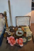 Vintage Clocks, Lamp Base, Cutlery Set & Metal Ros
