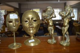 Brass Candlesticks and Brass Mask Ornaments