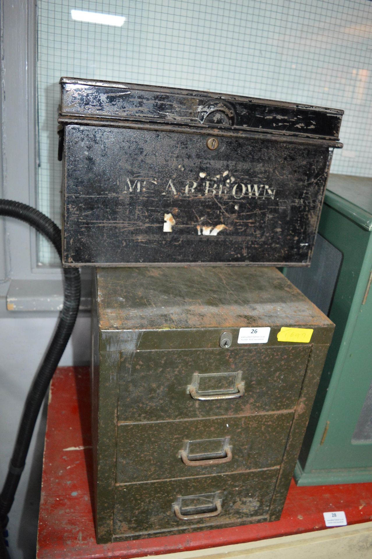 Metal Deed Box And Three Drawer Filing Cabinet