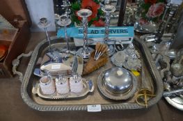 Tray lot of Vintage Chrome Candlesticks, Cruet Set