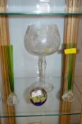 Glass Paperweight and Two Green Specimen Vases