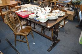 Dark Oak Trestle Style Kitchen Table & Three Chair