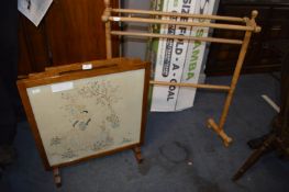 Embroidered Fire Screen & Victorian Towel Rail