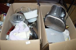 Two Large Boxes of Kitchenware, Bread Bins, Casser