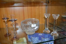 Two Sets of Glass Candle Sticks & Rose Bowl