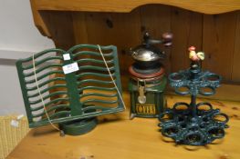 Green Cast Iron Buck Stand, Coffee Grinder and Egg