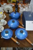 Five Le Creuset Blue Enameled Pans