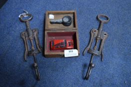 Two Novelty Corkscrews, Coat Hook & Toy Car