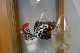Two Murano Glass Handbags & Cockerel