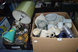 Two Boxes of Pottery, Glassware, Lamps, Decorative