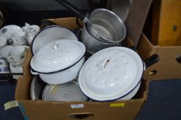 Vintage White Enameled Cookware, Aluminium Pans et