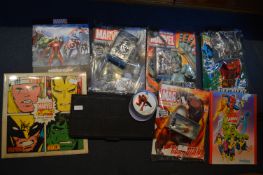 Four Marvel Comics with Hero Figures plus Stand &