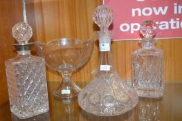 Three Cut Glass Crystal Decanters and Glass Bowl