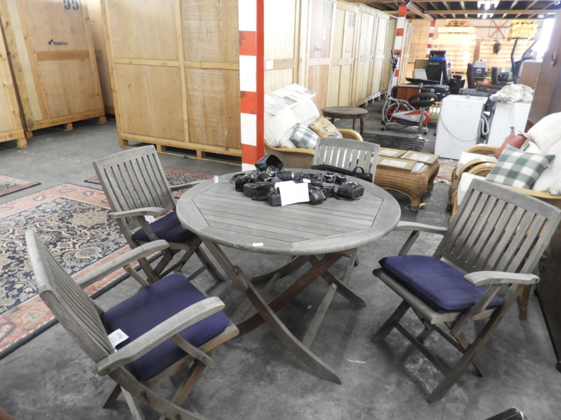 Teak Circular Garden Table and Four Chairs with Seat Pads