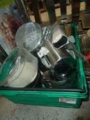 * misc items - jugs, utentils, bowl, 'Bonzer' tin opener, wooden boards, trays